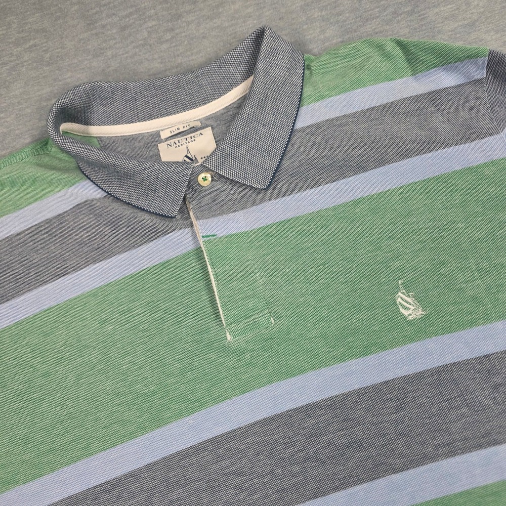 Nautica Heritage Spinnaker Slim Fit Striped Polo Shirt Green Blue Mens XXL